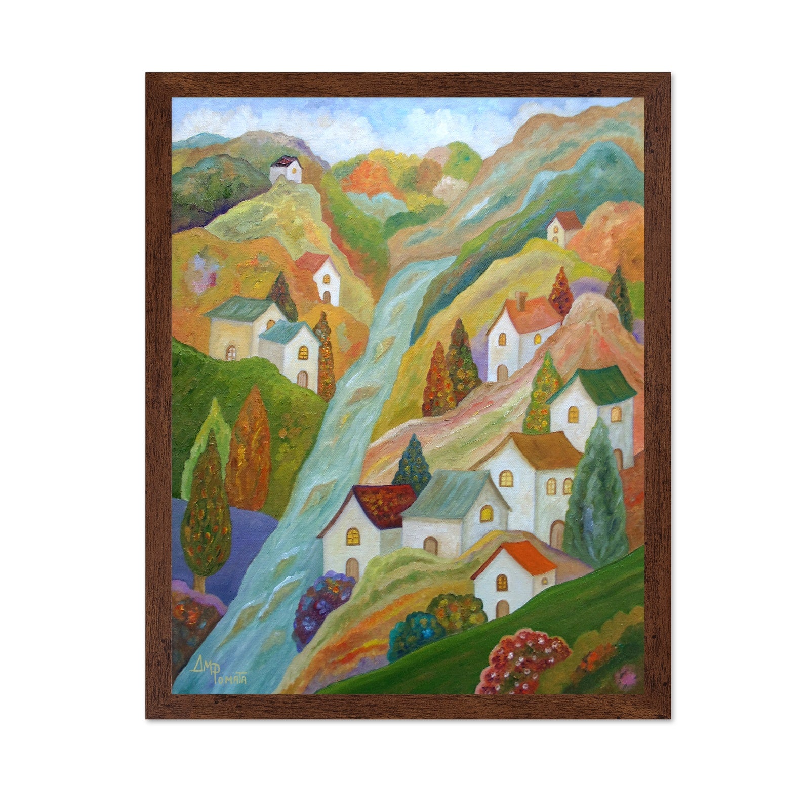 Colorful Hillside Village With River