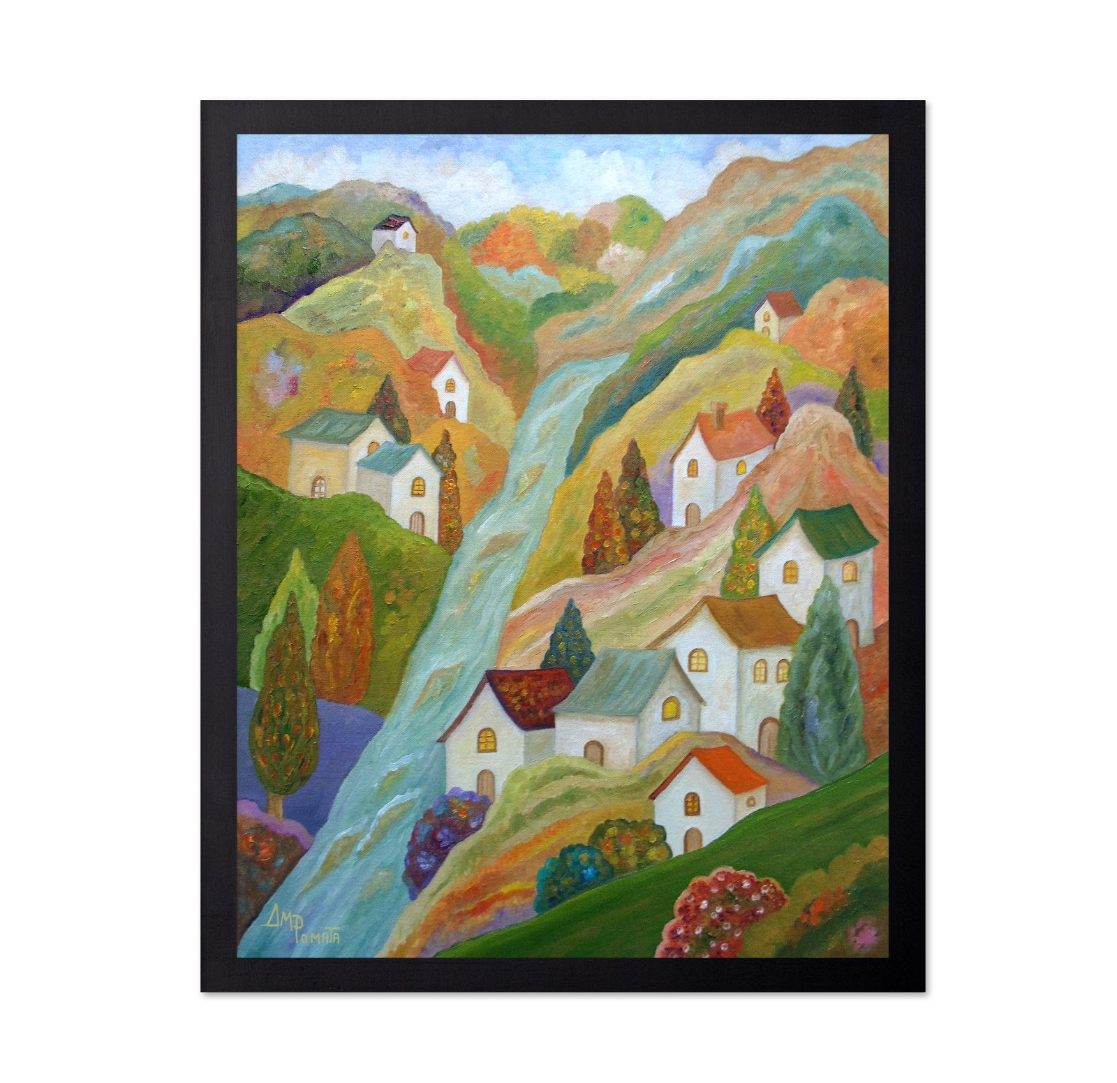 Colorful Hillside Village With River