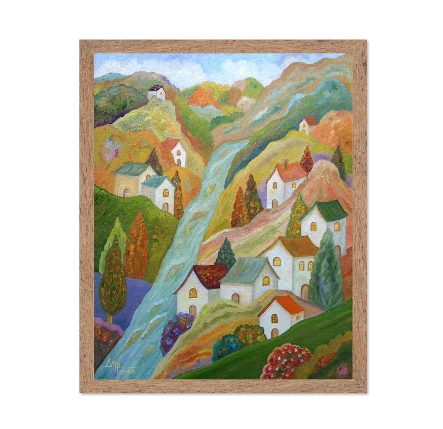 Colorful Hillside Village With River