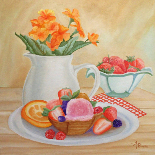 Fruit Dessert With Flowers Still Life