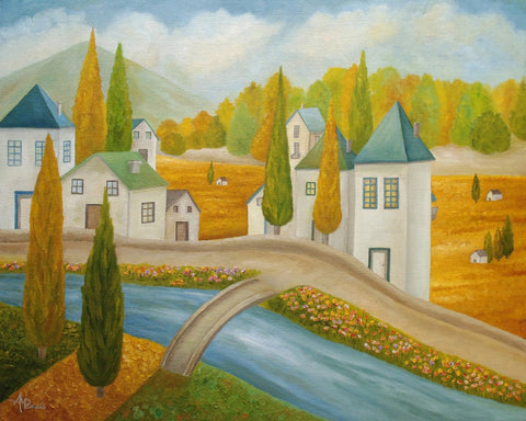 Village Bridge Over River In Autumn