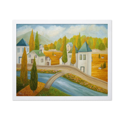 Village Bridge Over River In Autumn
