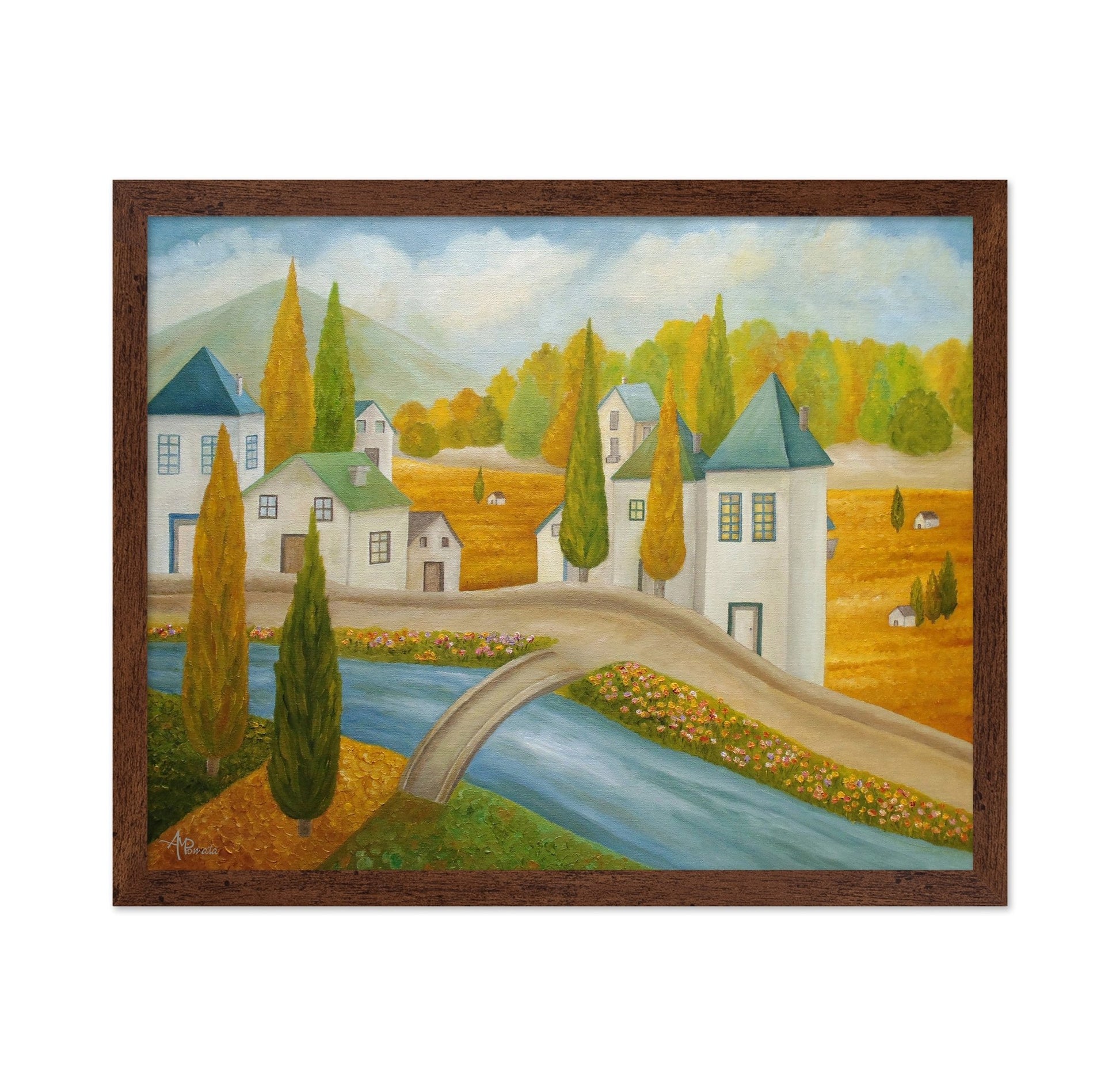 Village Bridge Over River In Autumn