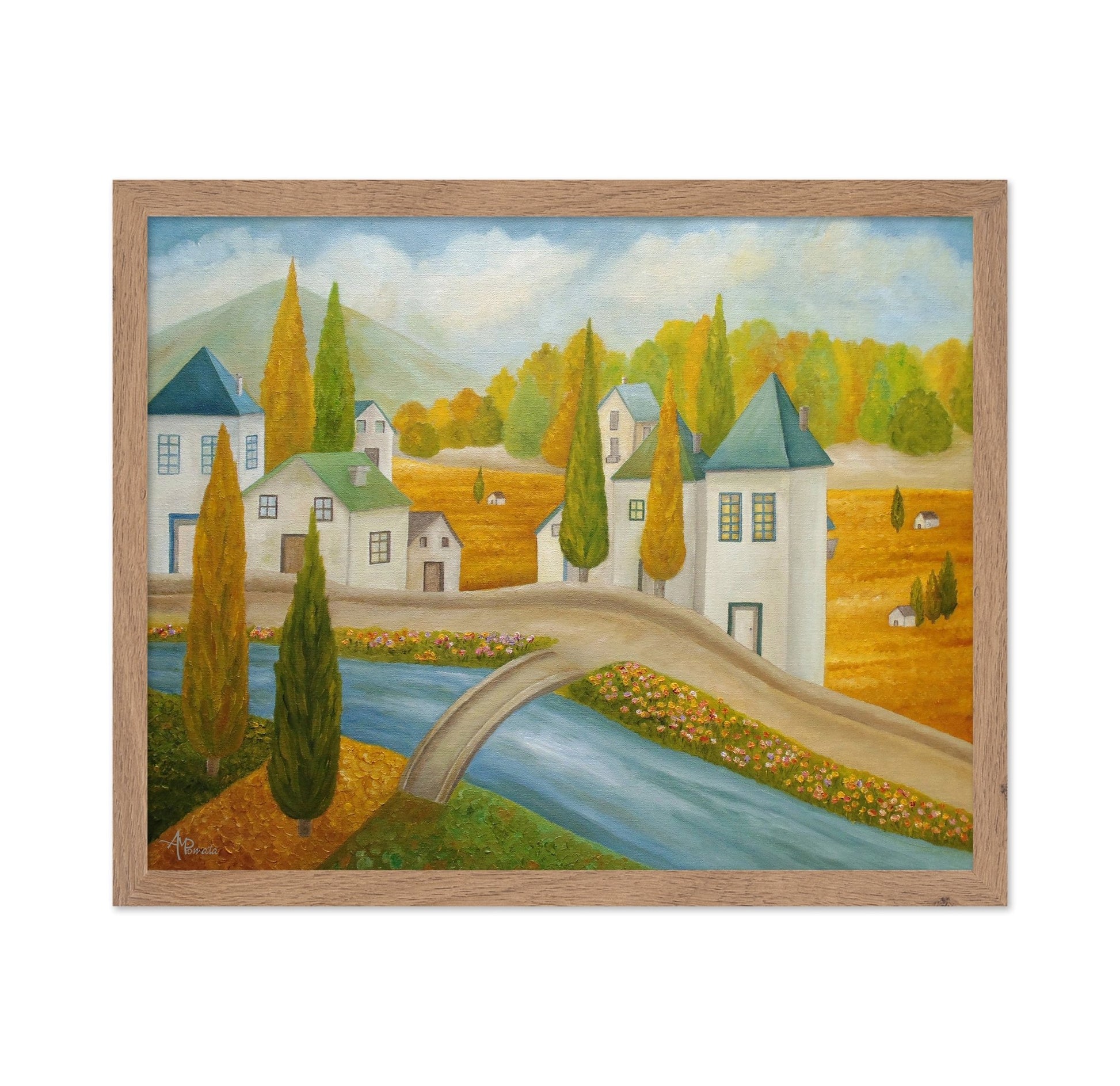 Village Bridge Over River In Autumn