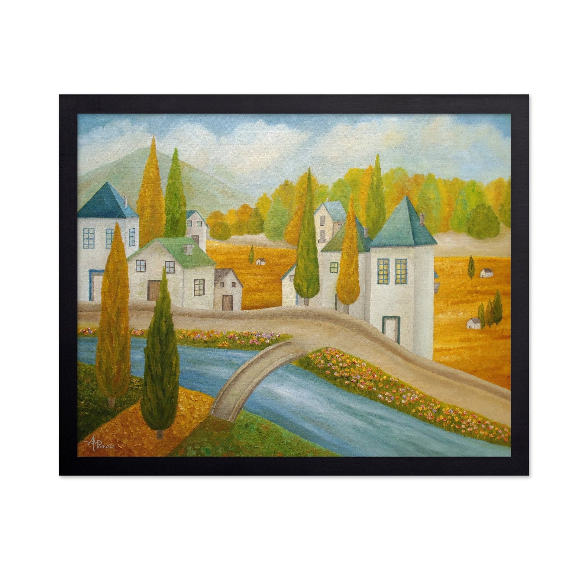 Village Bridge Over River In Autumn