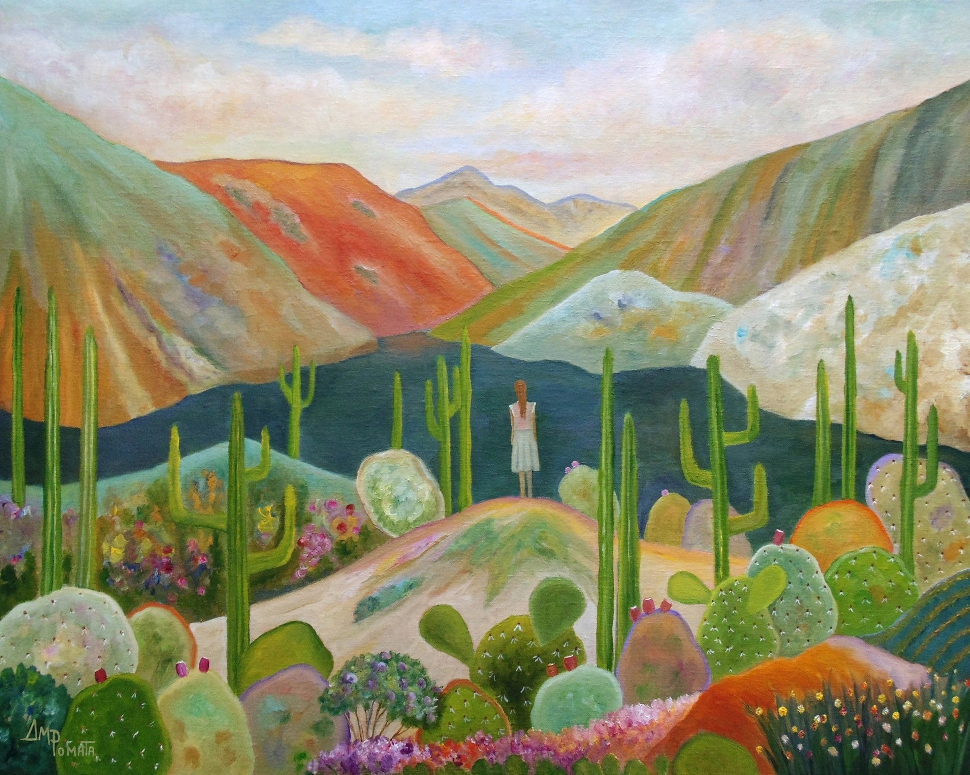 Woman In Colorful Desert With Cactus