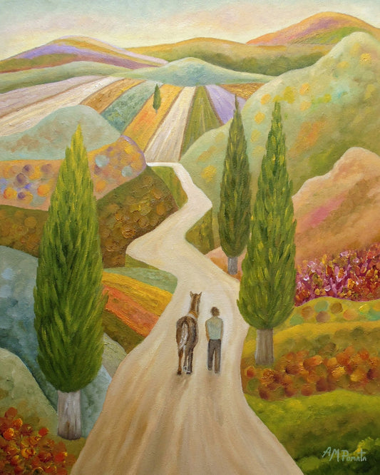 Man Walking Horse Through Colorful Hills