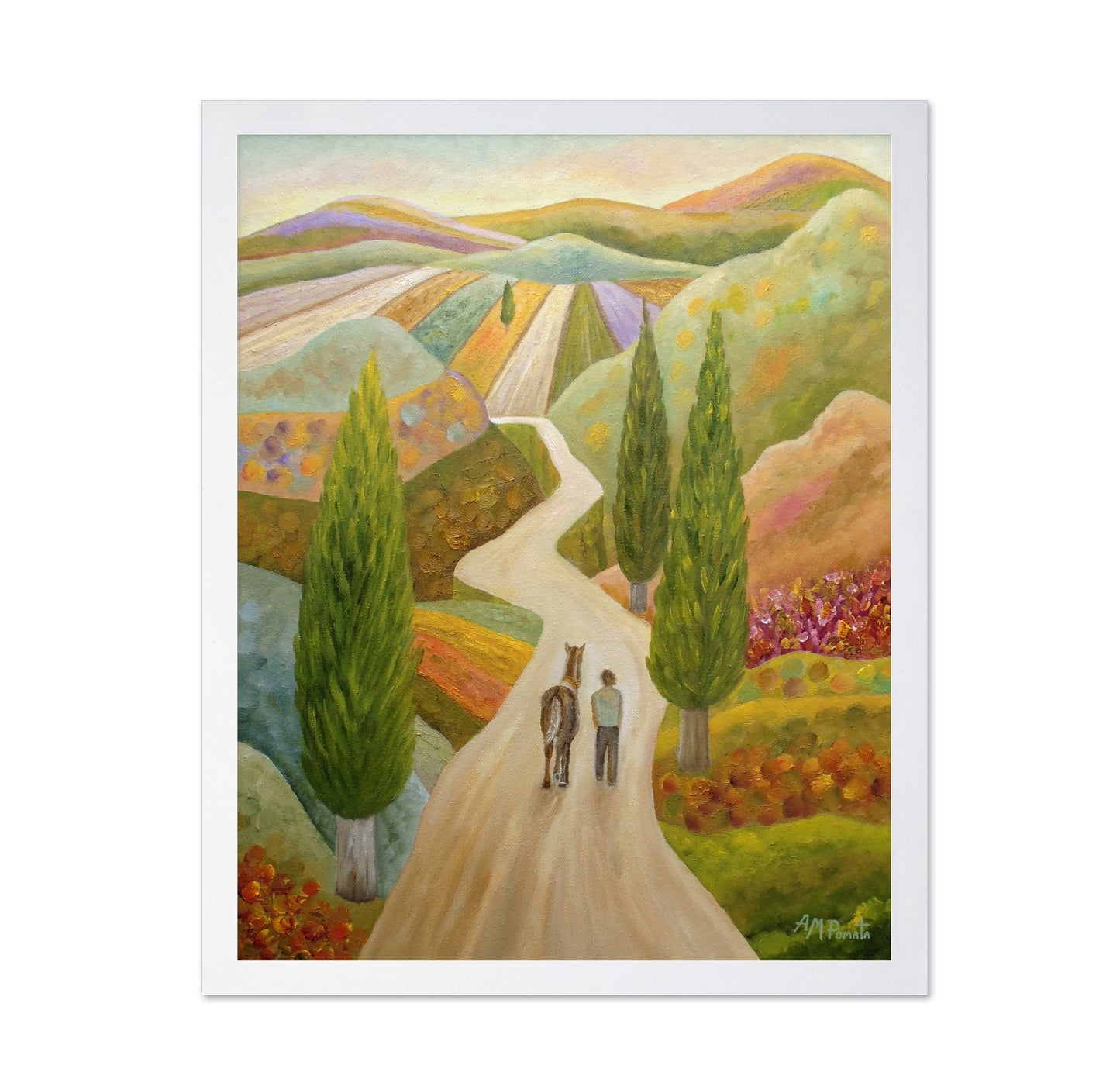 Man Walking Horse Through Colorful Hills