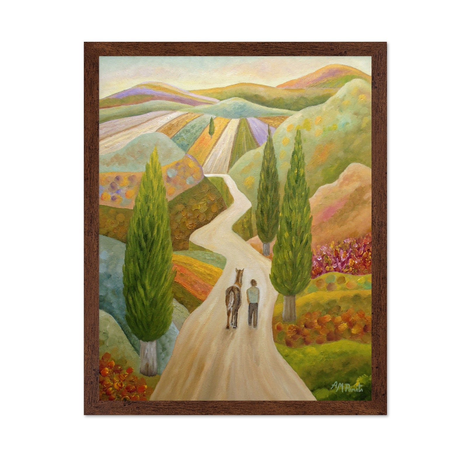 Man Walking Horse Through Colorful Hills