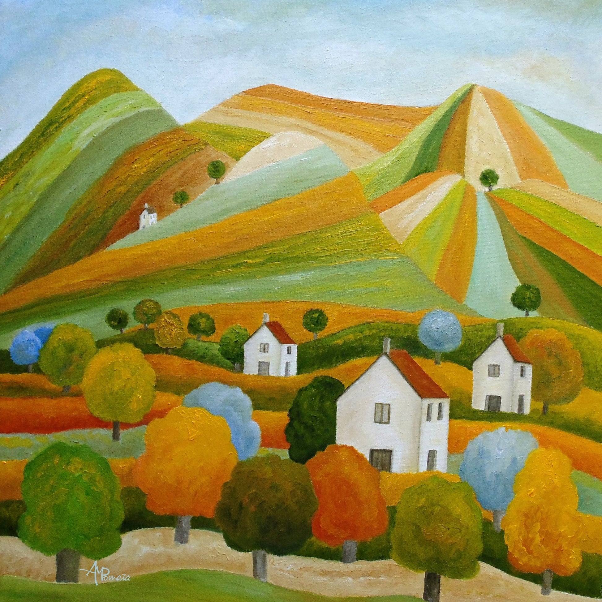 Colorful Hills Village Scene