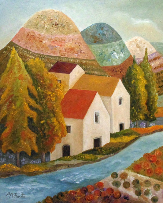 Riverside Village Scene