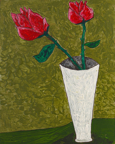 Red Roses in White Vase