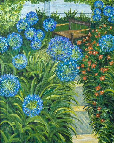 Garden Bench With Blue Flowers