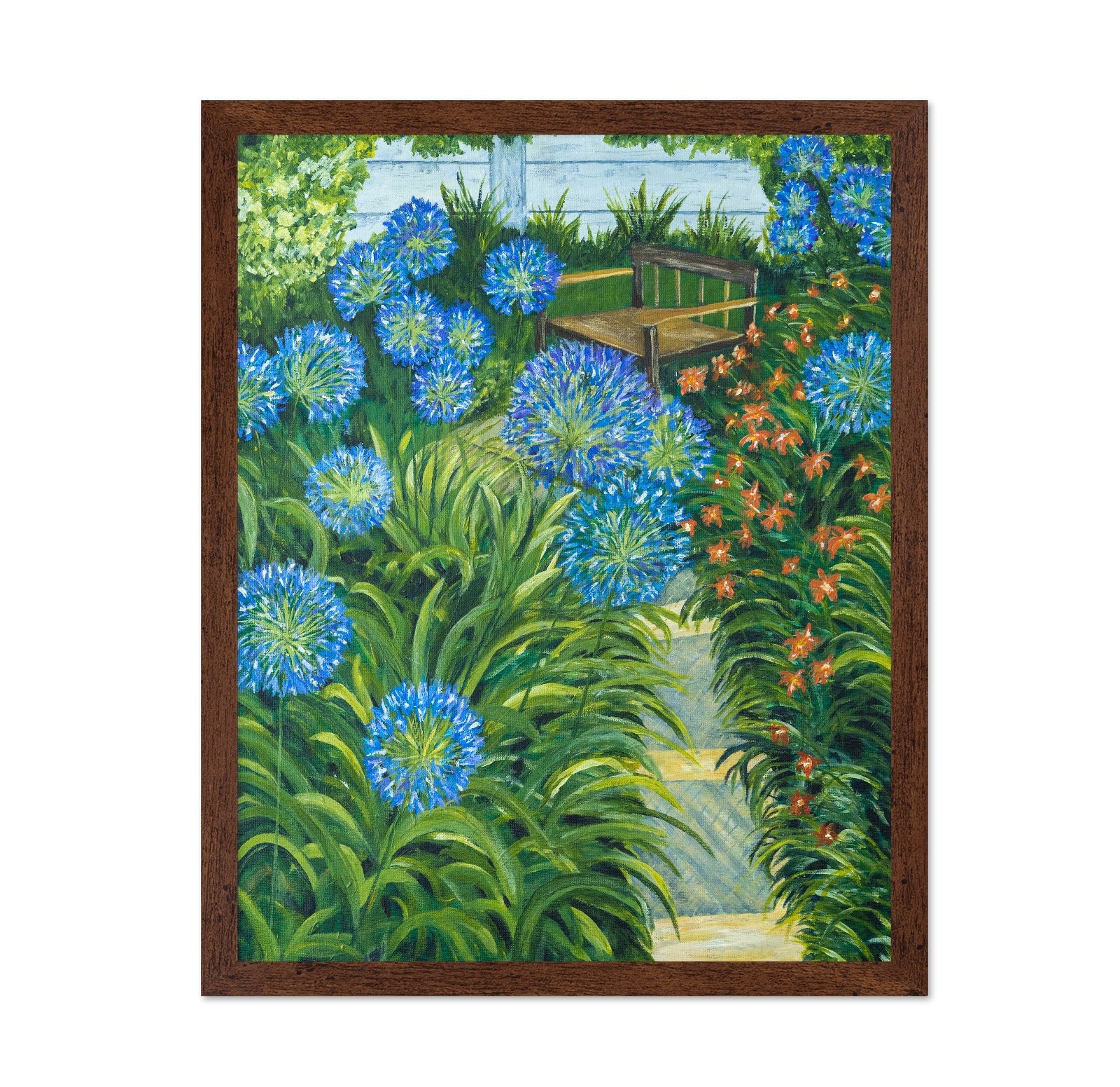 Garden Bench With Blue Flowers