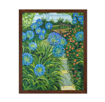Garden Bench With Blue Flowers