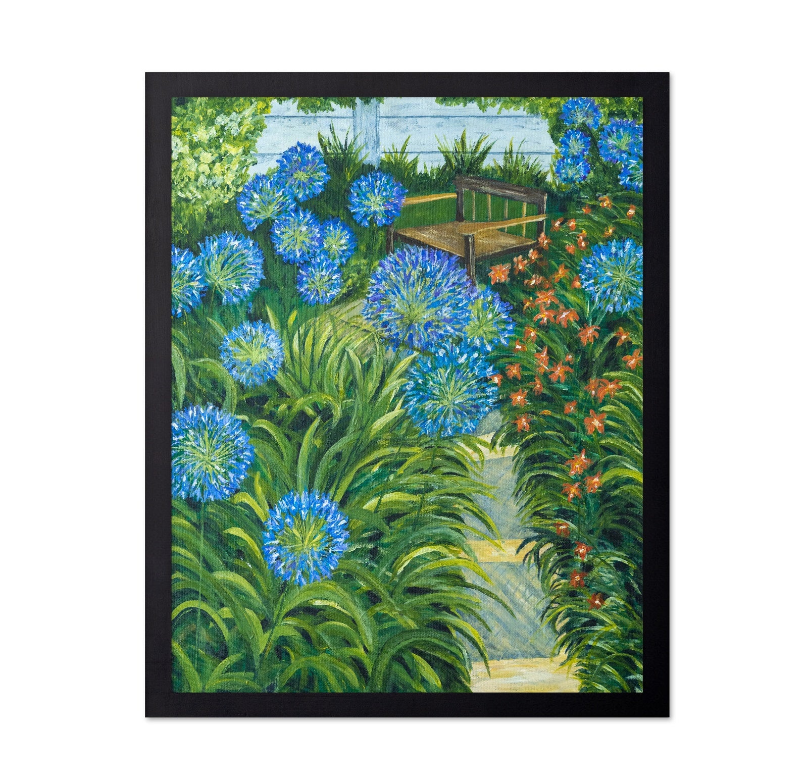 Garden Bench With Blue Flowers