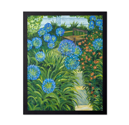 Garden Bench With Blue Flowers