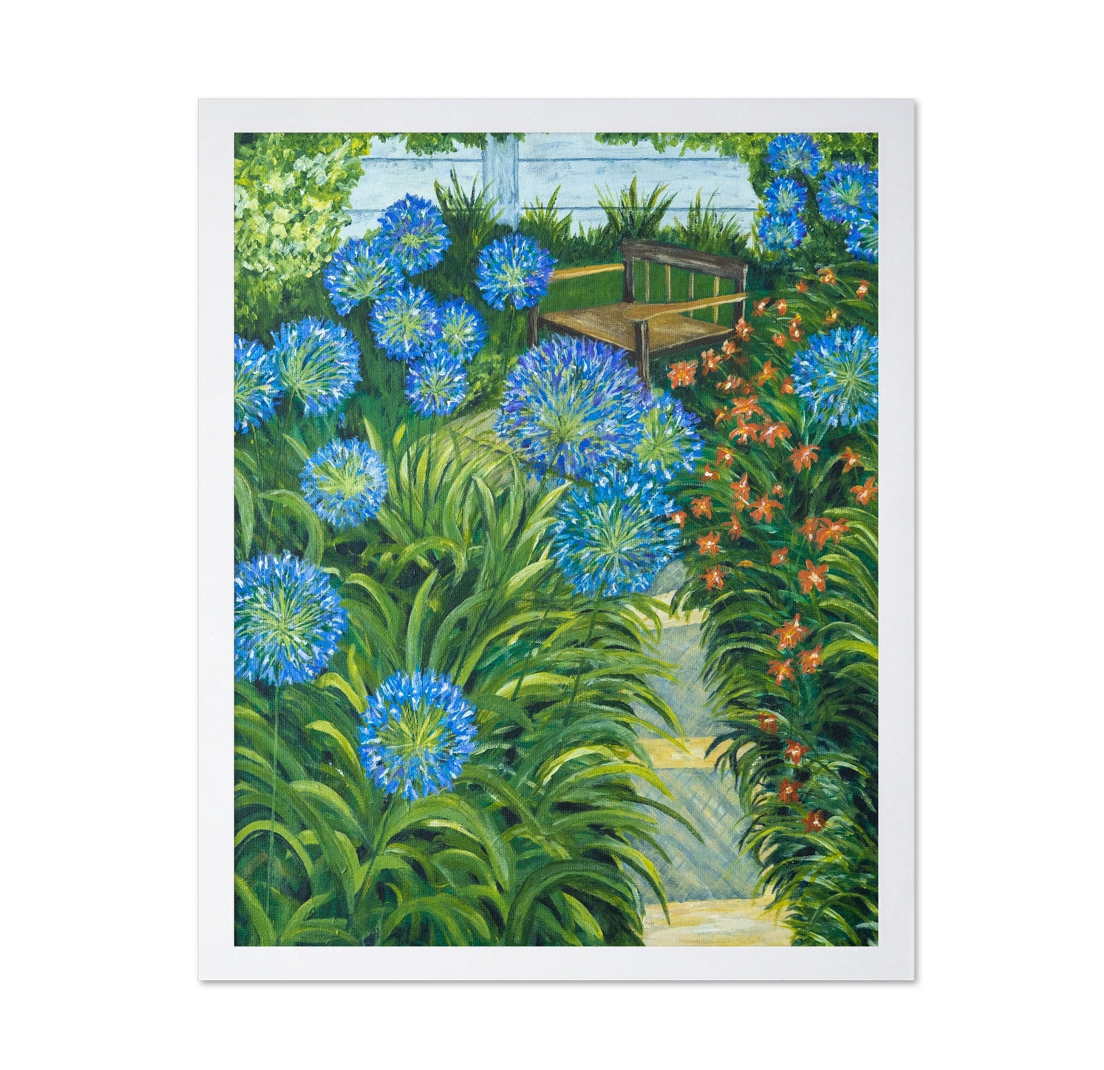 Garden Bench With Blue Flowers