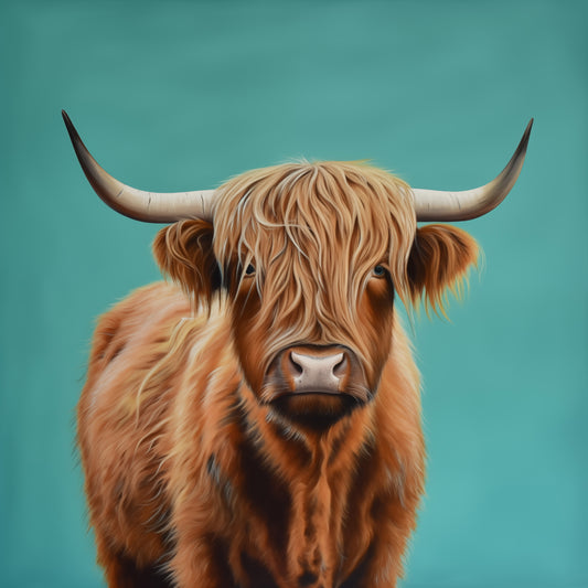 Highland Cow Portrait on Teal