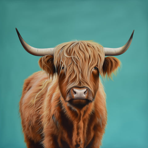 Highland Cow Portrait on Teal