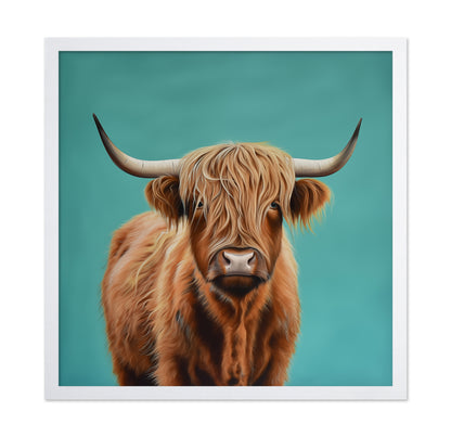 Highland Cow Portrait on Teal