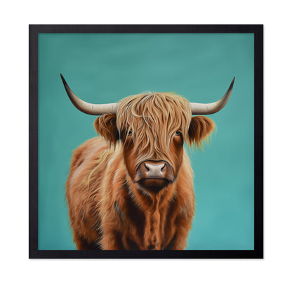 Highland Cow Portrait on Teal