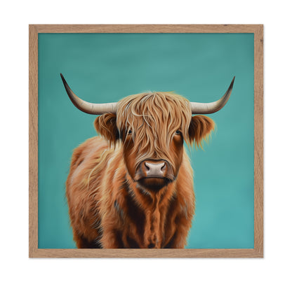 Highland Cow Portrait on Teal
