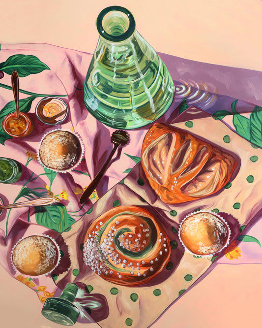 Pastry and Green Bottle Breakfast Still Life