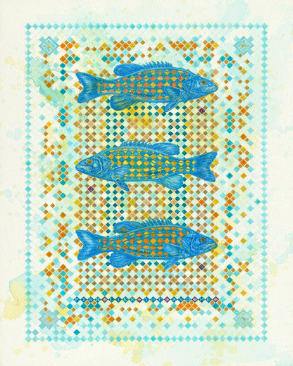 Blue Mosaic Fish Trio