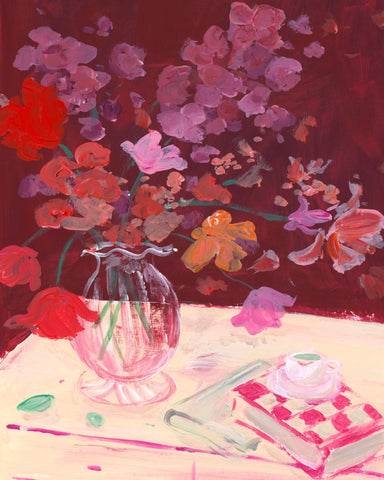 Red Floral Still Life Vase Painting