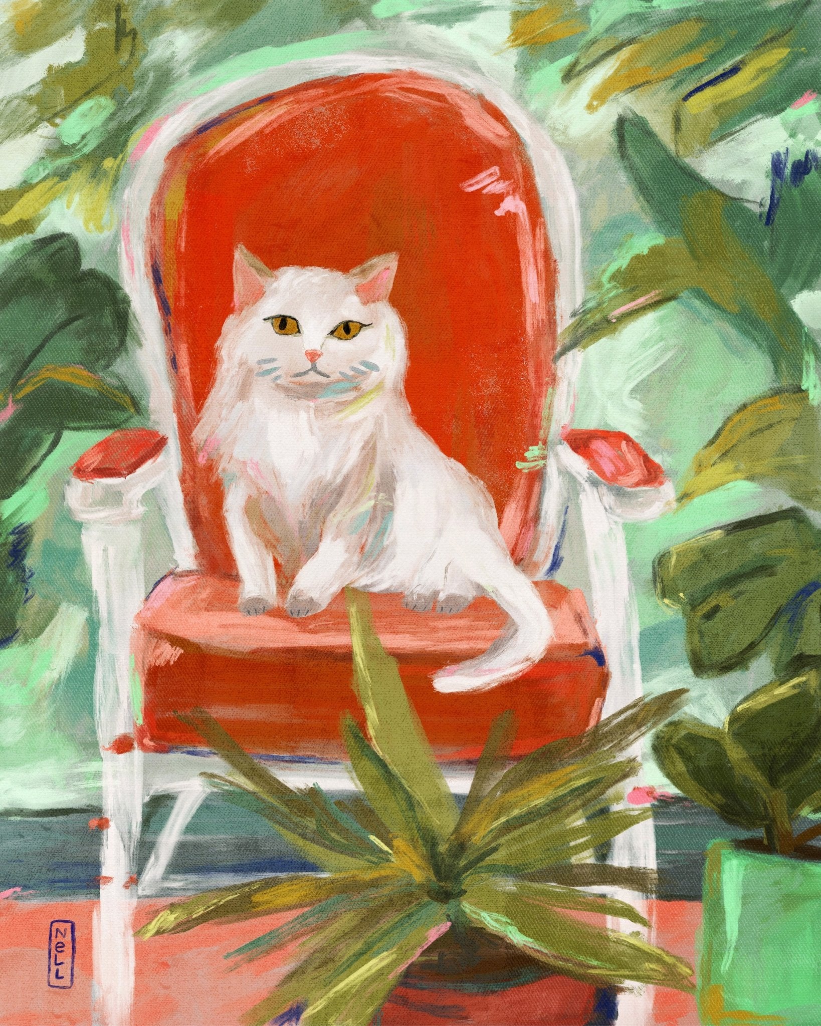 Cat on Red Chair