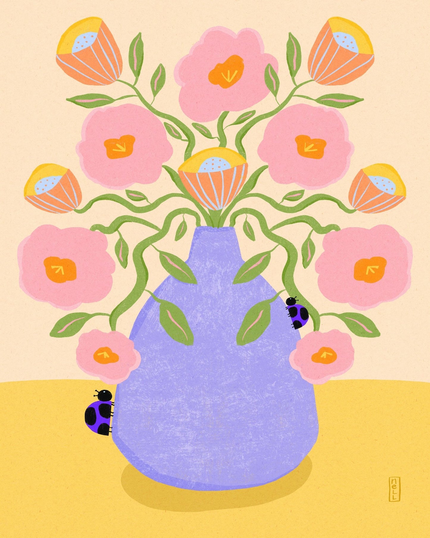 Pink Flowers Blue Vase