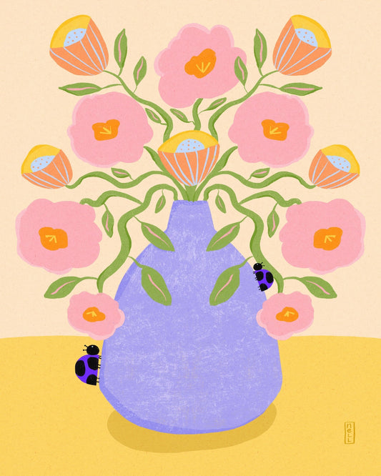 Pink Flowers Blue Vase