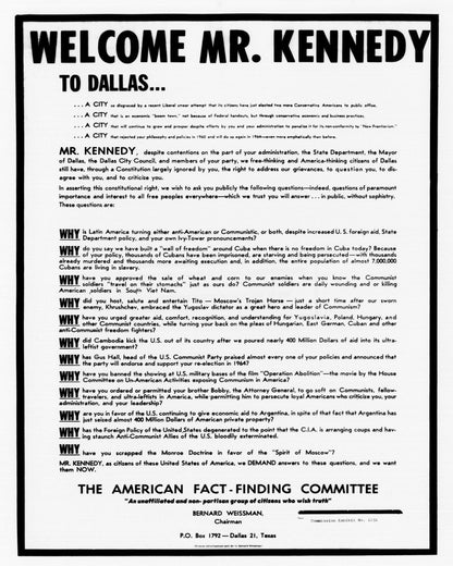 John F. Kennedy Dallas Broadside 1963