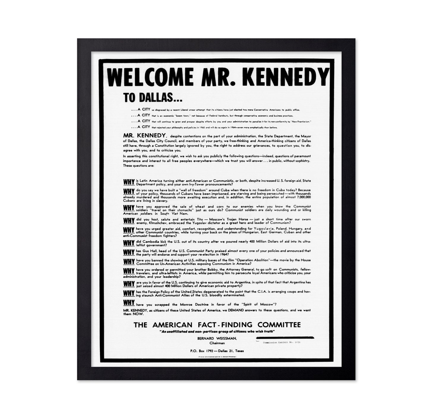 John F. Kennedy Dallas Broadside 1963